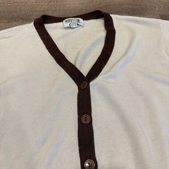 Vintage Kasper ASL Cardigan Womens Small Cream Brown Academia Button Front - Picture 2 of 7